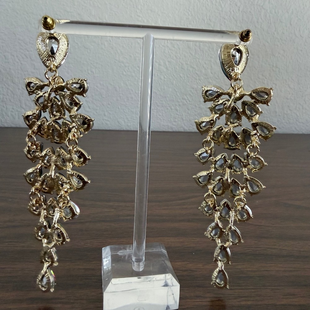 Chandelier Rhinestone Crystal Pageant Bridal Earrings AB Drop Dangle 4" Green - Picture 8 of 10